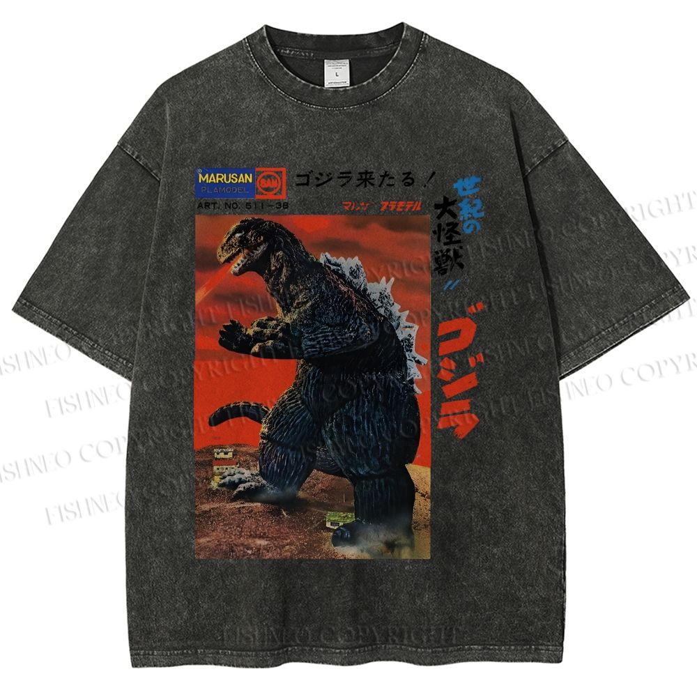Unisex Japanese Godzilla Vintage Poster Printed Washed Tee