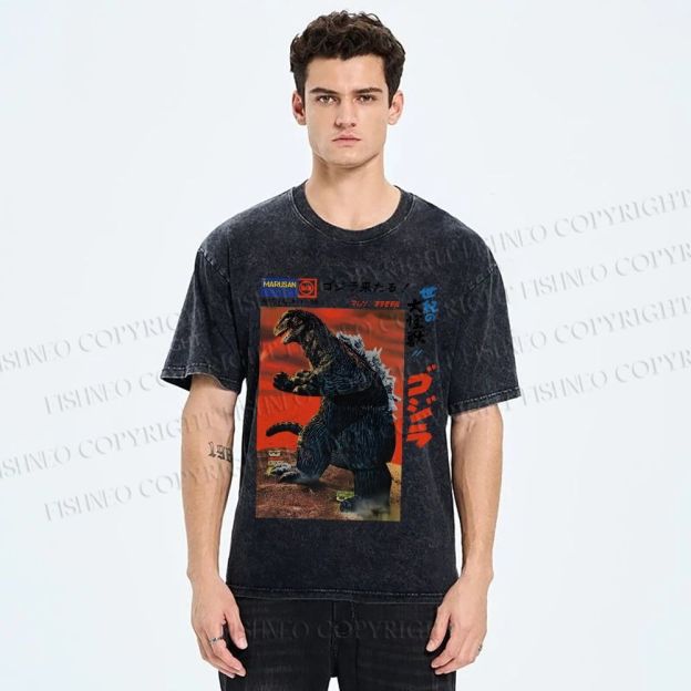 Unisex Japanese Godzilla Vintage Poster Printed Washed Tee