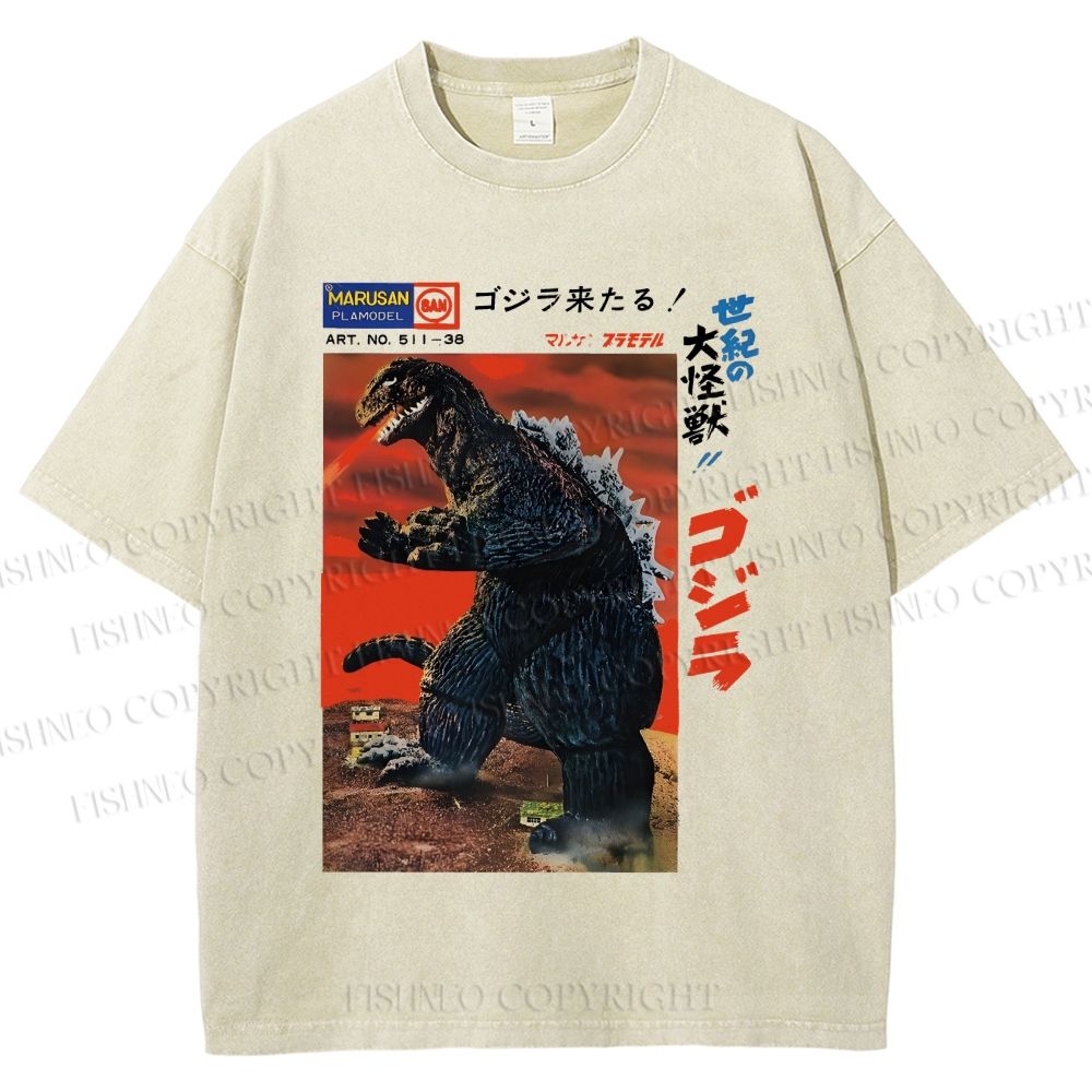 Unisex Japanese Godzilla Vintage Poster Printed Washed Tee