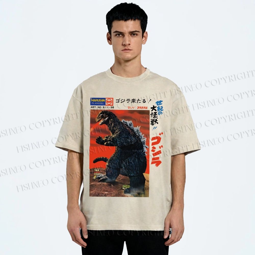Unisex Japanese Godzilla Vintage Poster Printed Washed Tee