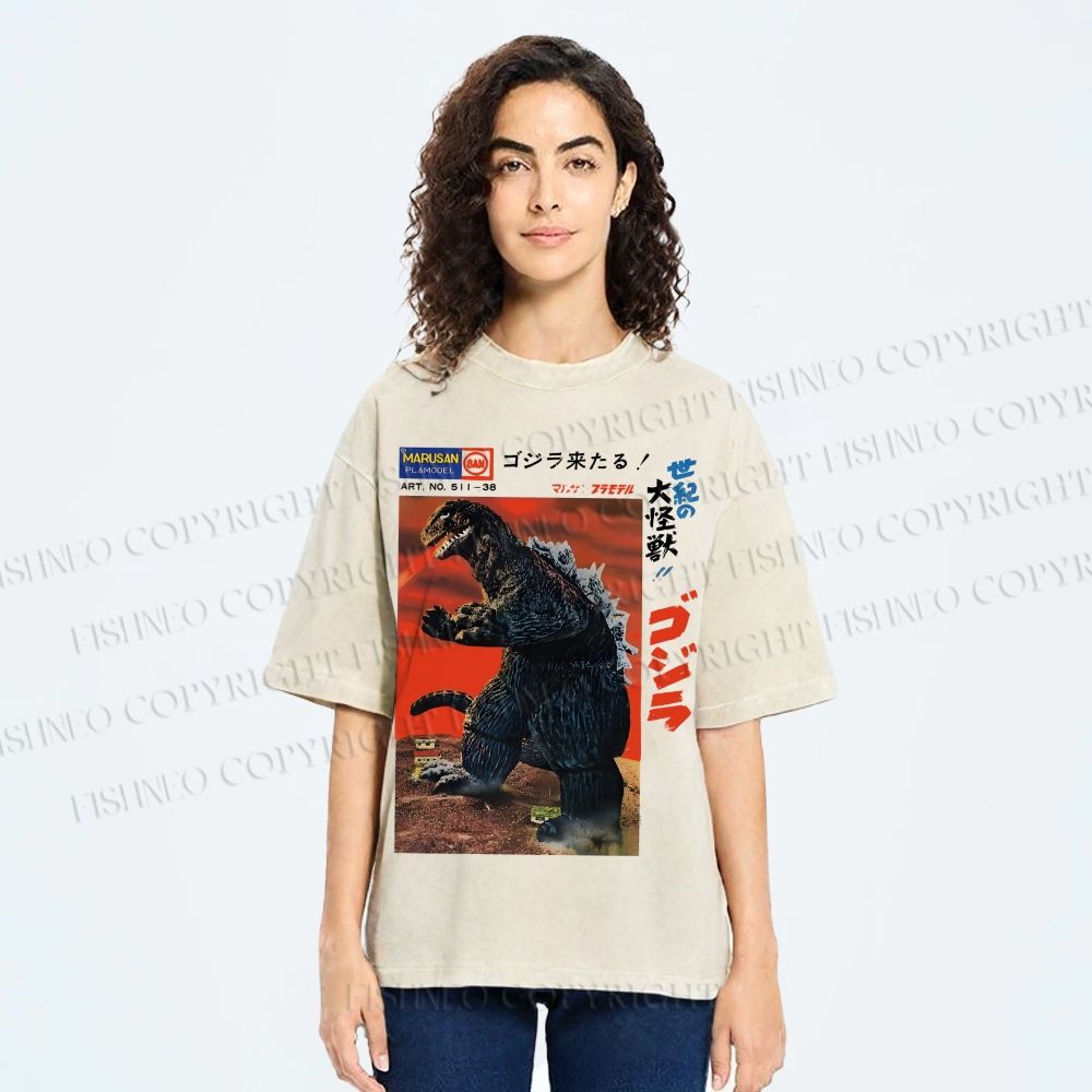 Unisex Japanese Godzilla Vintage Poster Printed Washed Tee