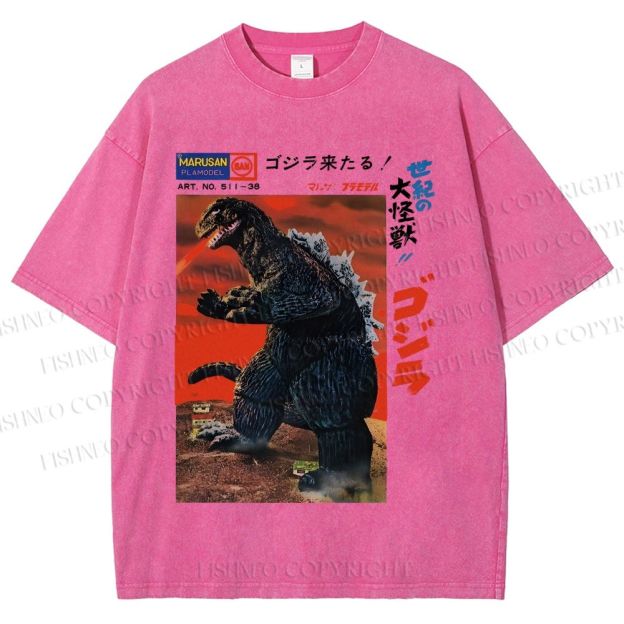 Unisex Japanese Godzilla Vintage Poster Printed Washed Tee