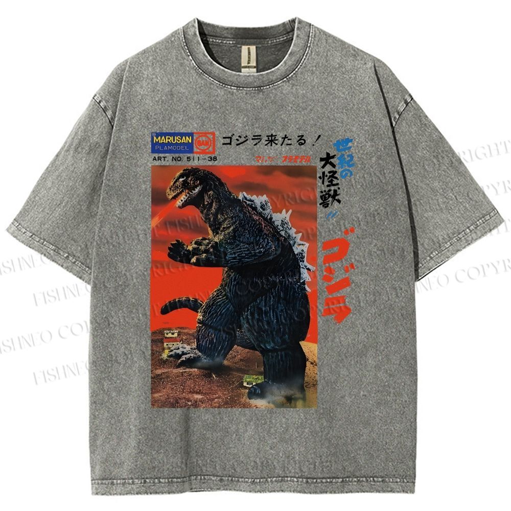 Unisex Japanese Godzilla Vintage Poster Printed Washed Tee