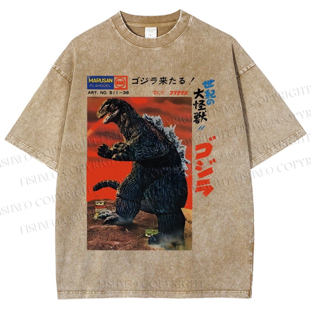 Unisex Japanese Godzilla Vintage Poster Printed Washed Tee