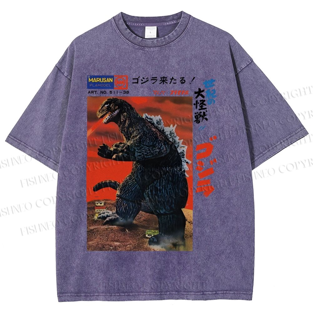 Unisex Japanese Godzilla Vintage Poster Printed Washed Tee