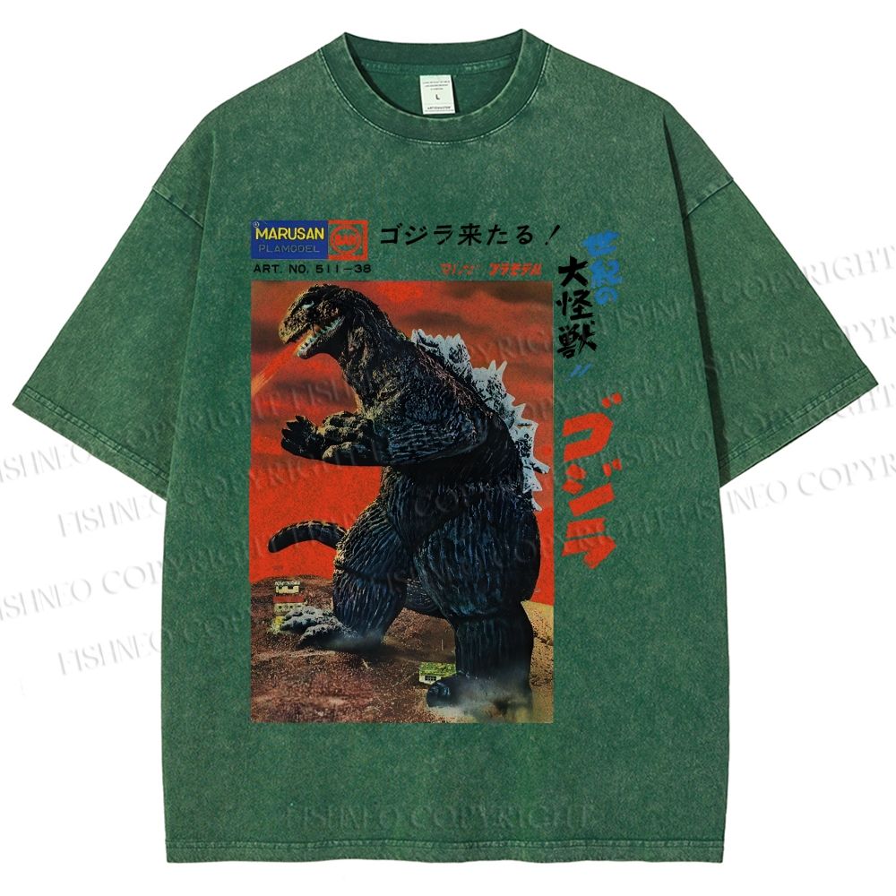 Unisex Japanese Godzilla Vintage Poster Printed Washed Tee