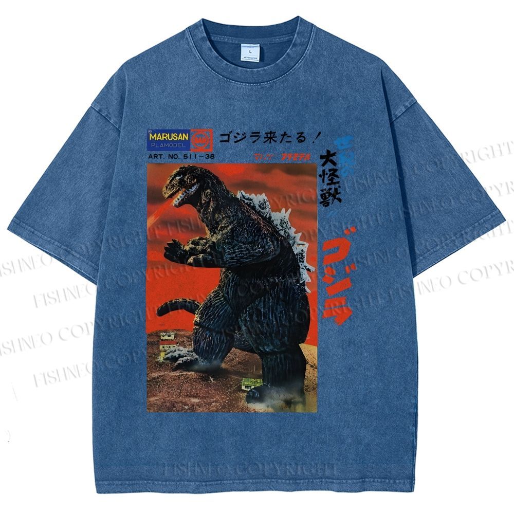 Unisex Japanese Godzilla Vintage Poster Printed Washed Tee