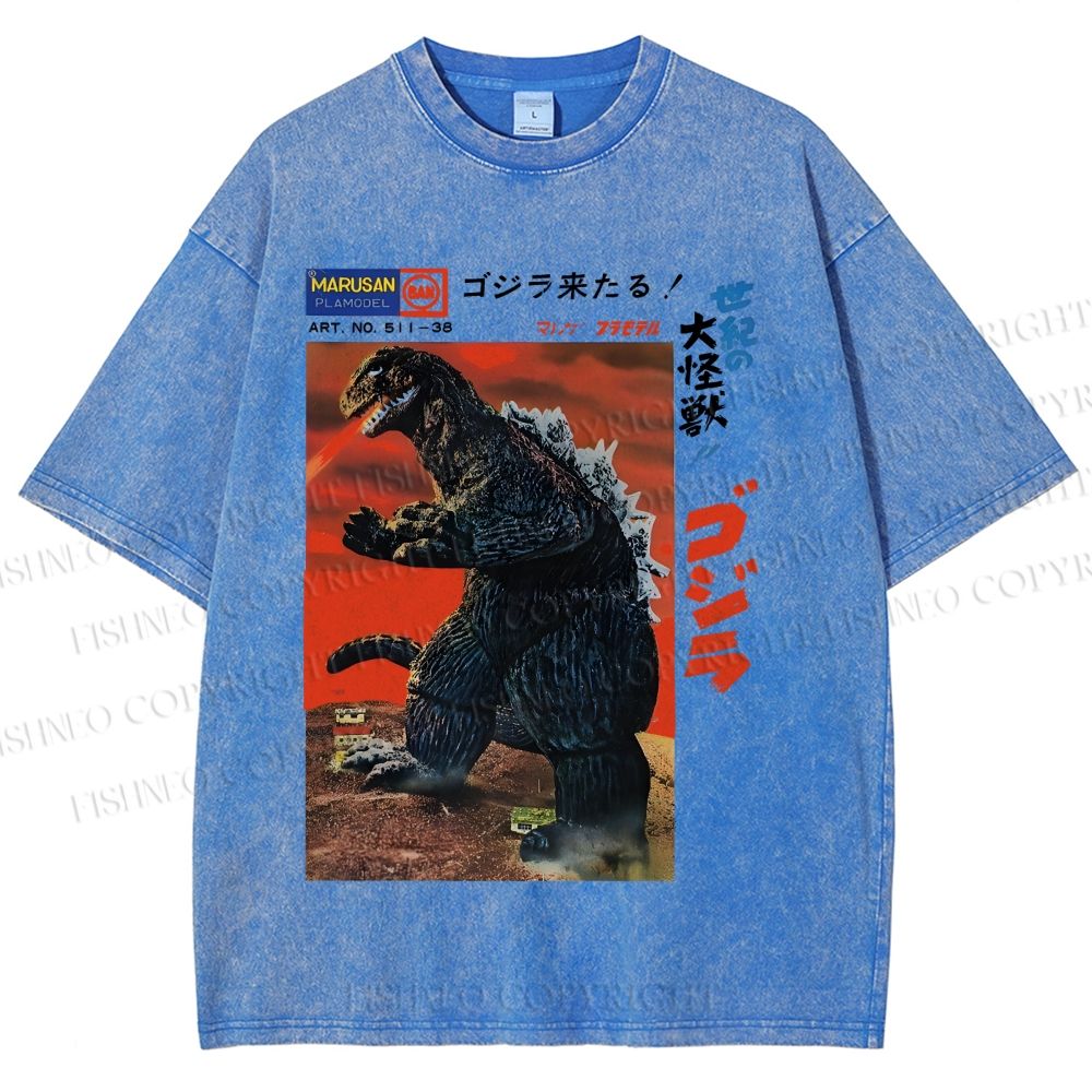 Unisex Japanese Godzilla Vintage Poster Printed Washed Tee