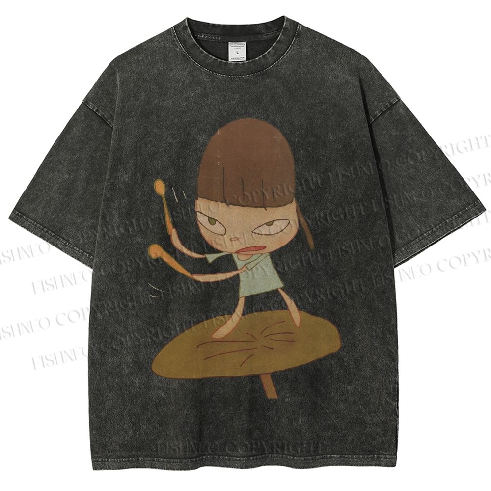 Unisex Yoshitomo Nara Playing Drums Printed Washed Tee