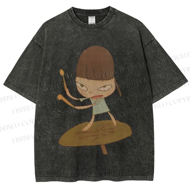 Unisex Yoshitomo Nara Playing Drums Printed Washed Tee