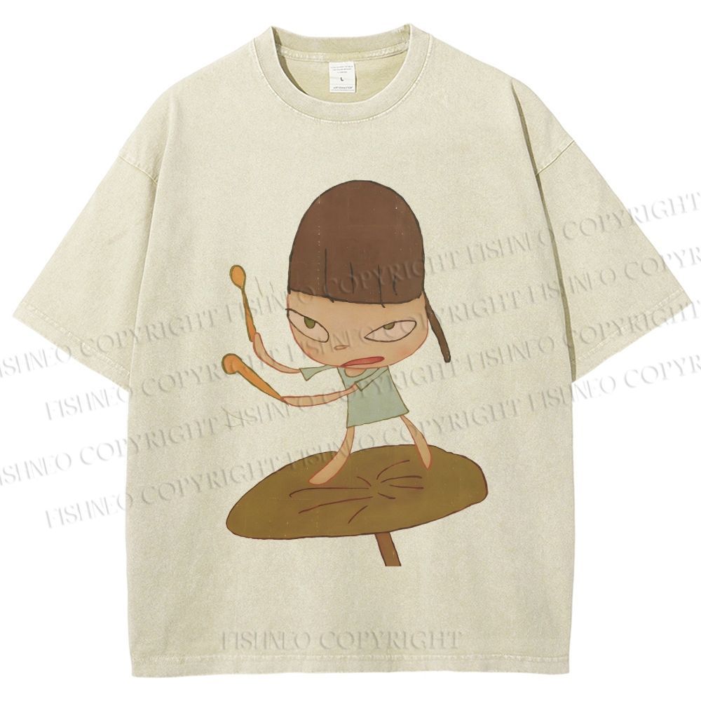 Unisex Yoshitomo Nara Playing Drums Printed Washed Tee