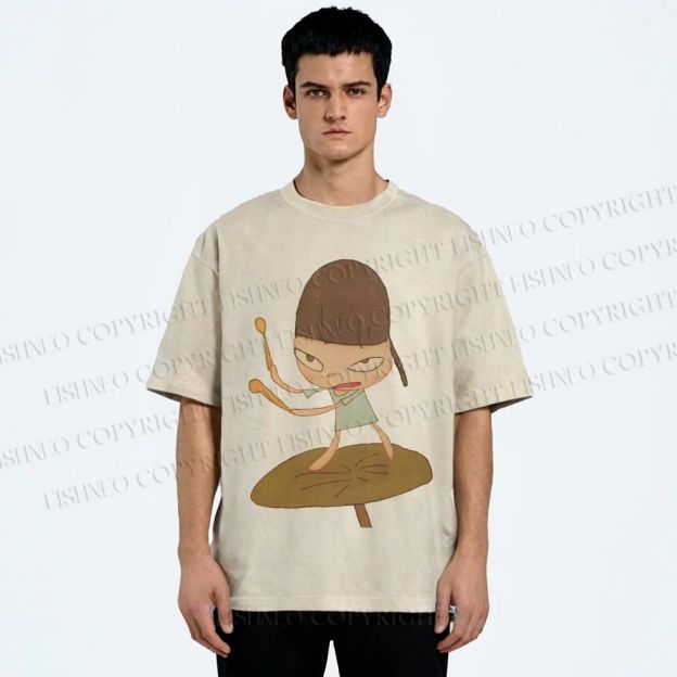 Unisex Yoshitomo Nara Playing Drums Printed Washed Tee