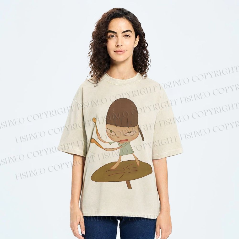 Unisex Yoshitomo Nara Playing Drums Printed Washed Tee