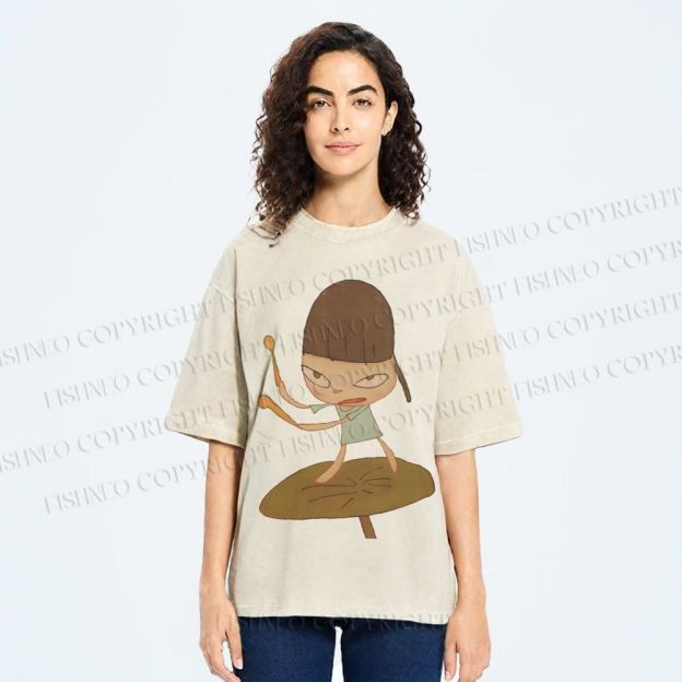 Unisex Yoshitomo Nara Playing Drums Printed Washed Tee