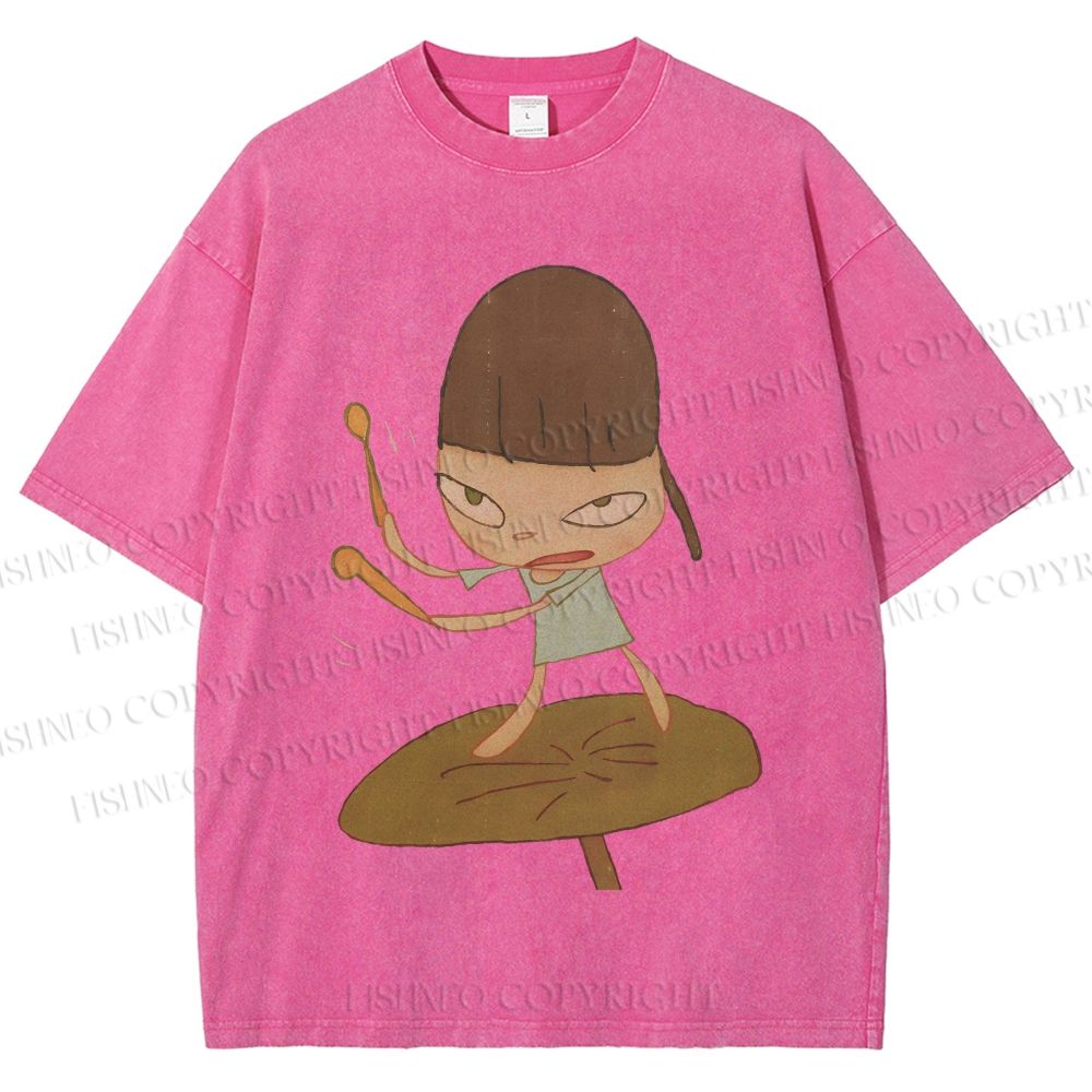 Unisex Yoshitomo Nara Playing Drums Printed Washed Tee