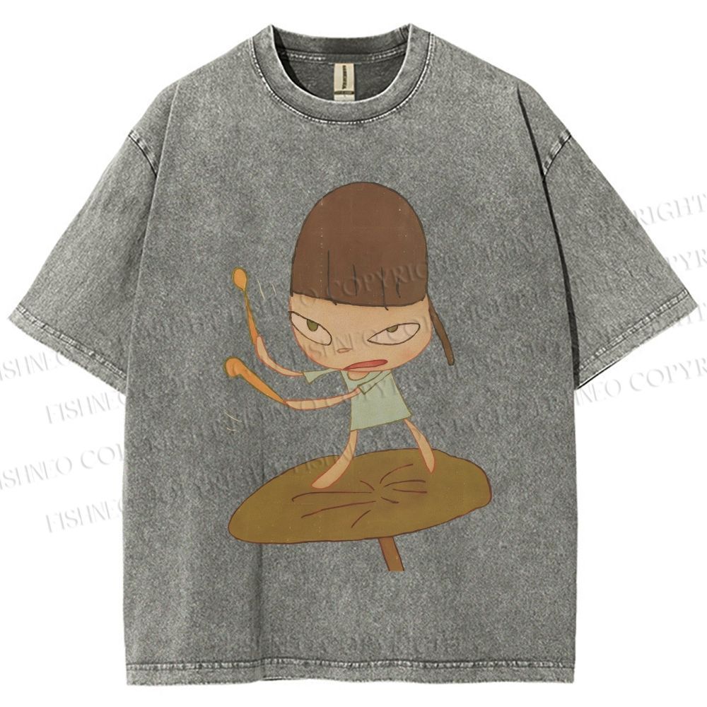 Unisex Yoshitomo Nara Playing Drums Printed Washed Tee