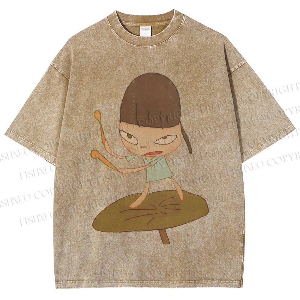 Unisex Yoshitomo Nara Playing Drums Printed Washed Tee