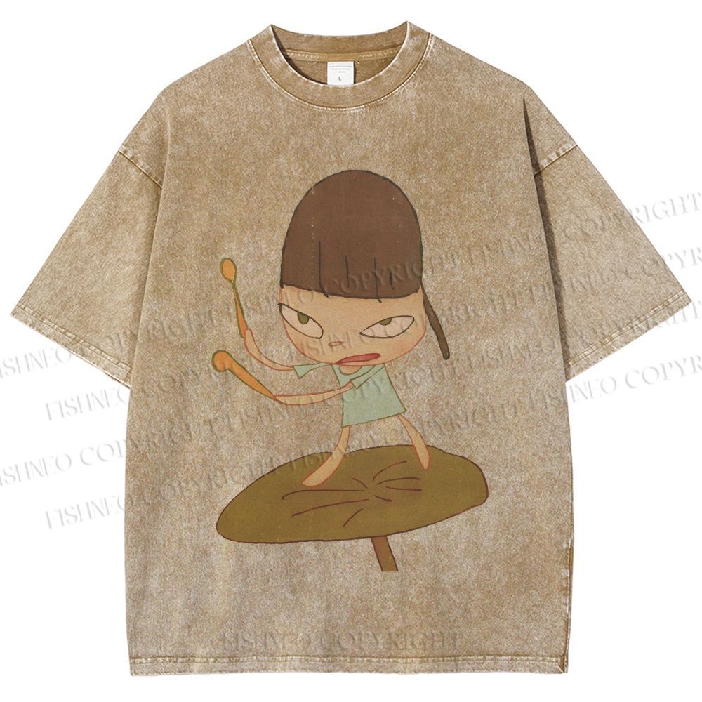 Unisex Yoshitomo Nara Playing Drums Printed Washed Tee
