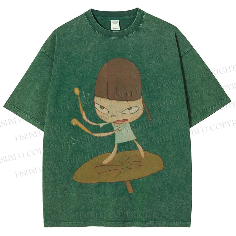 Unisex Yoshitomo Nara Playing Drums Printed Washed Tee