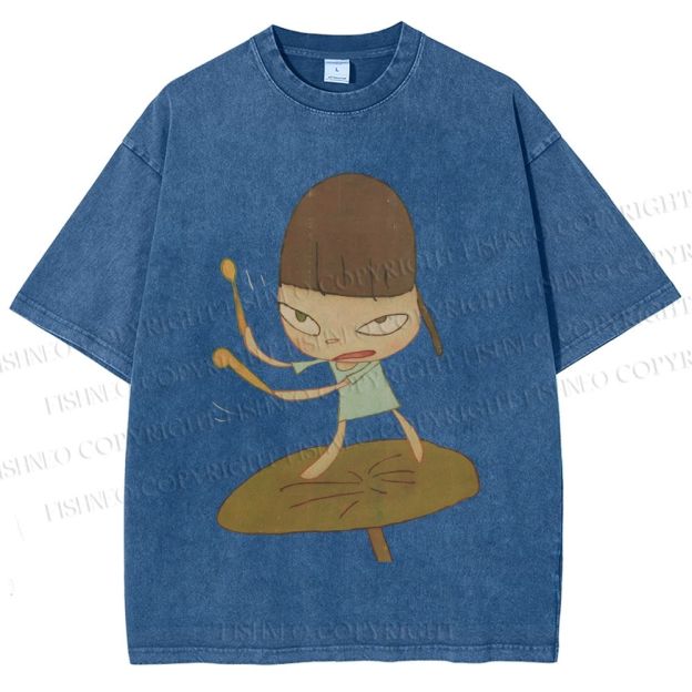 Unisex Yoshitomo Nara Playing Drums Printed Washed Tee
