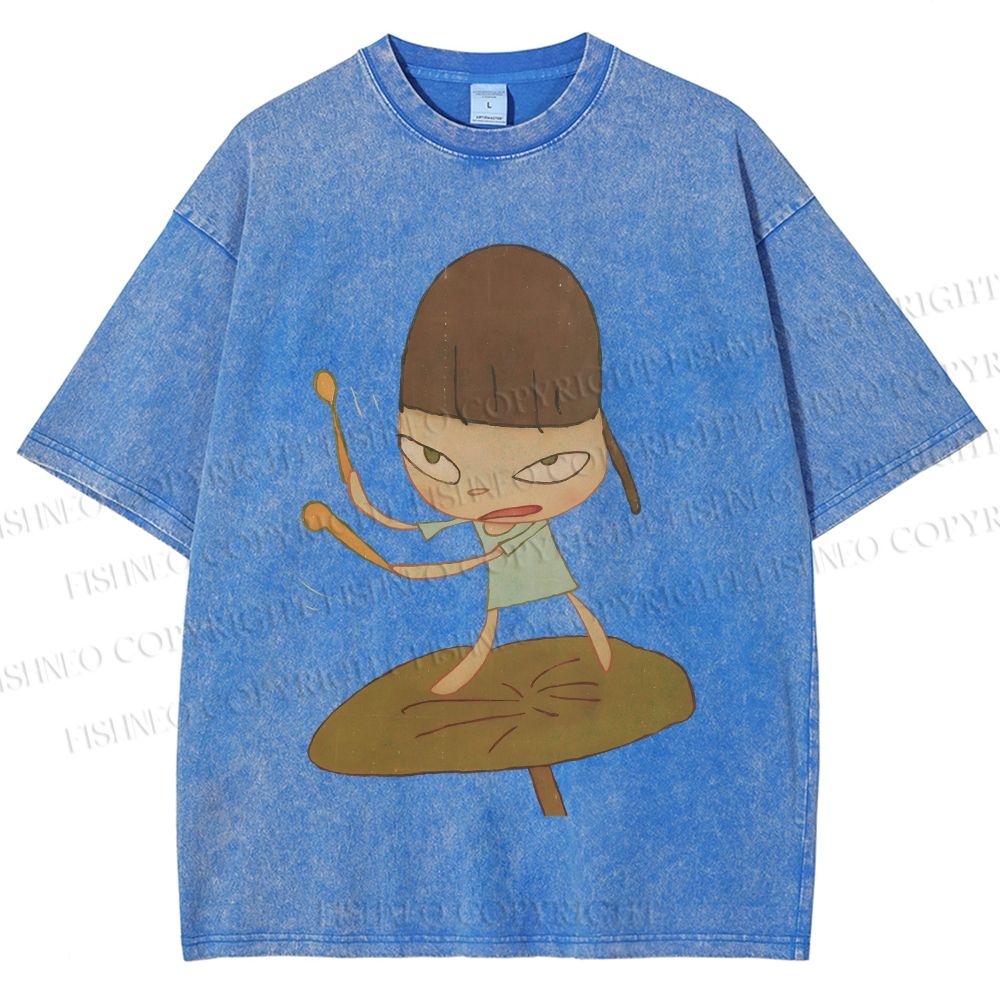 Unisex Yoshitomo Nara Playing Drums Printed Washed Tee