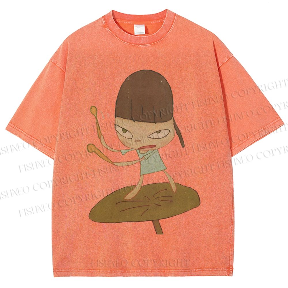 Unisex Yoshitomo Nara Playing Drums Printed Washed Tee