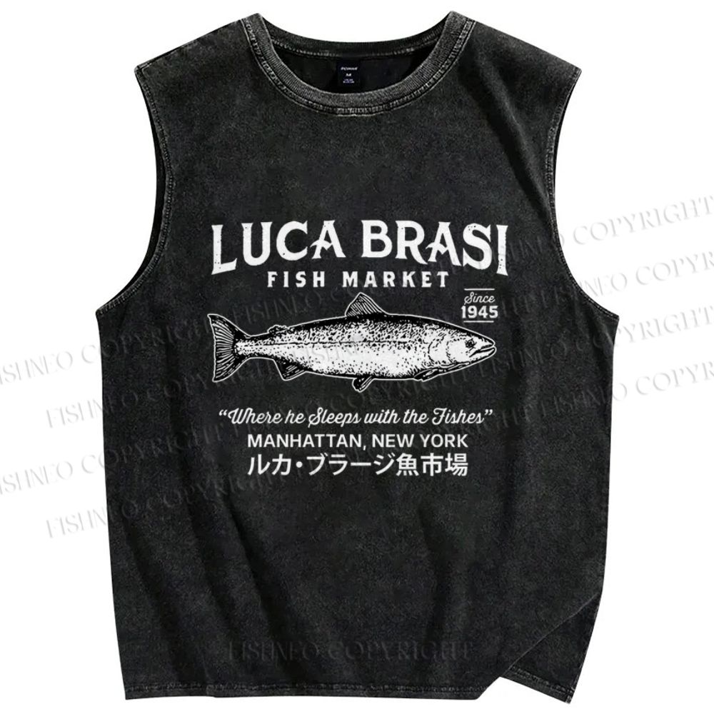 Unisex Vintage Luca Brasi Fish Market Printed Washed Tank Top