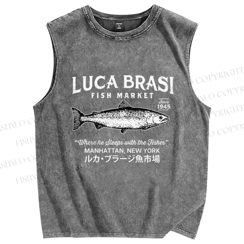 Unisex Vintage Luca Brasi Fish Market Printed Washed Tank Top