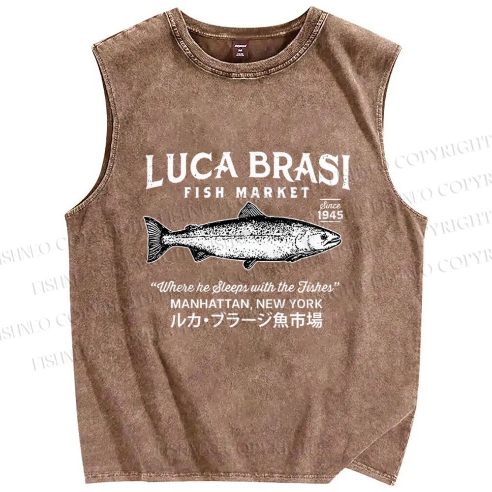 Unisex Vintage Luca Brasi Fish Market Printed Washed Tank Top