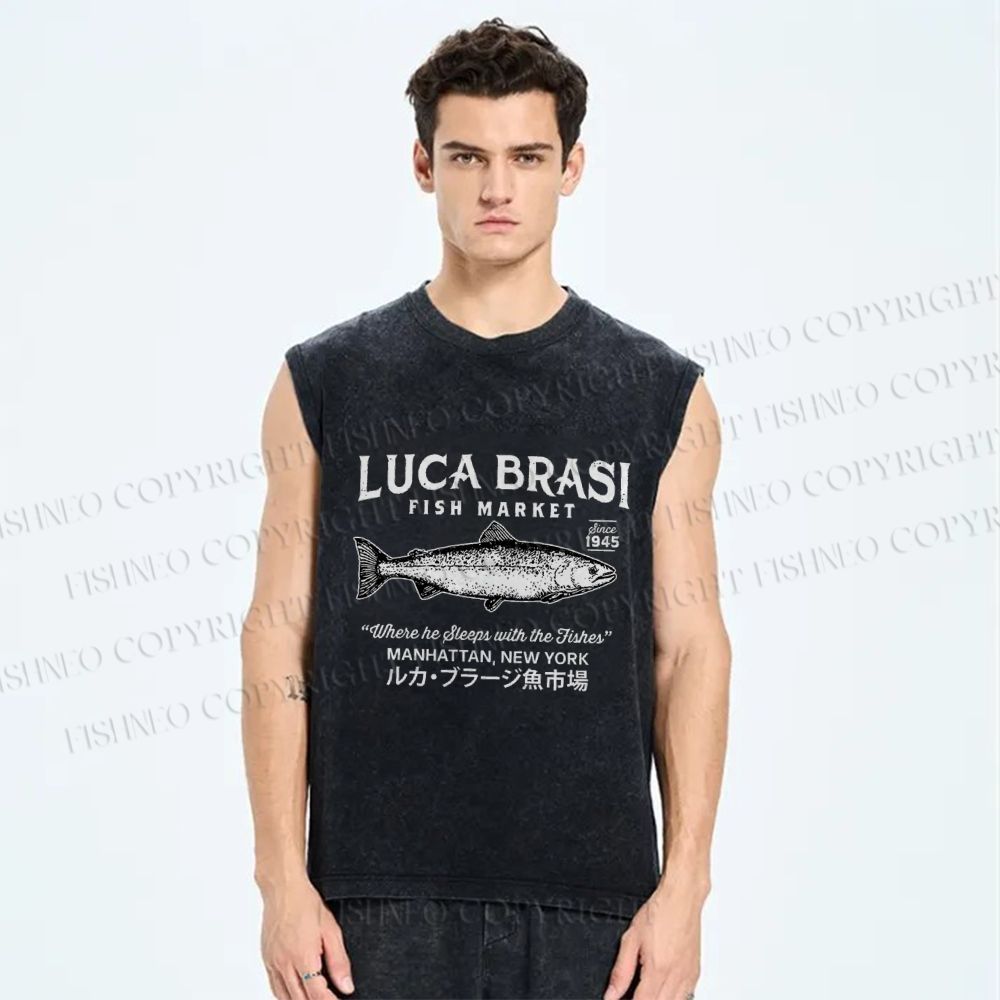 Unisex Vintage Luca Brasi Fish Market Printed Washed Tank Top
