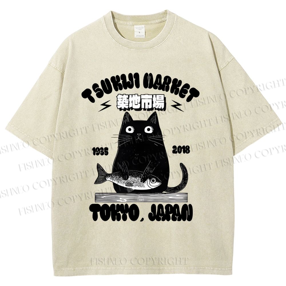 Unisex Tsukiji Market Cat Fish Printed Washed Tee