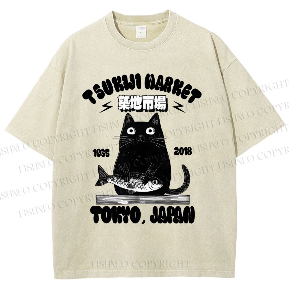 Unisex Tsukiji Market Cat Fish Printed Washed Tee