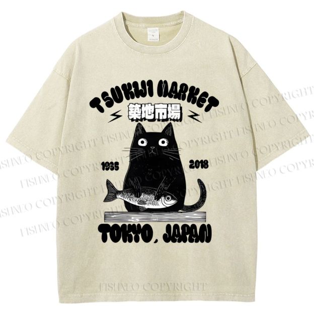 Unisex Tsukiji Market Cat Fish Printed Washed Tee