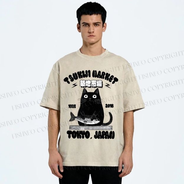 Unisex Tsukiji Market Cat Fish Printed Washed Tee