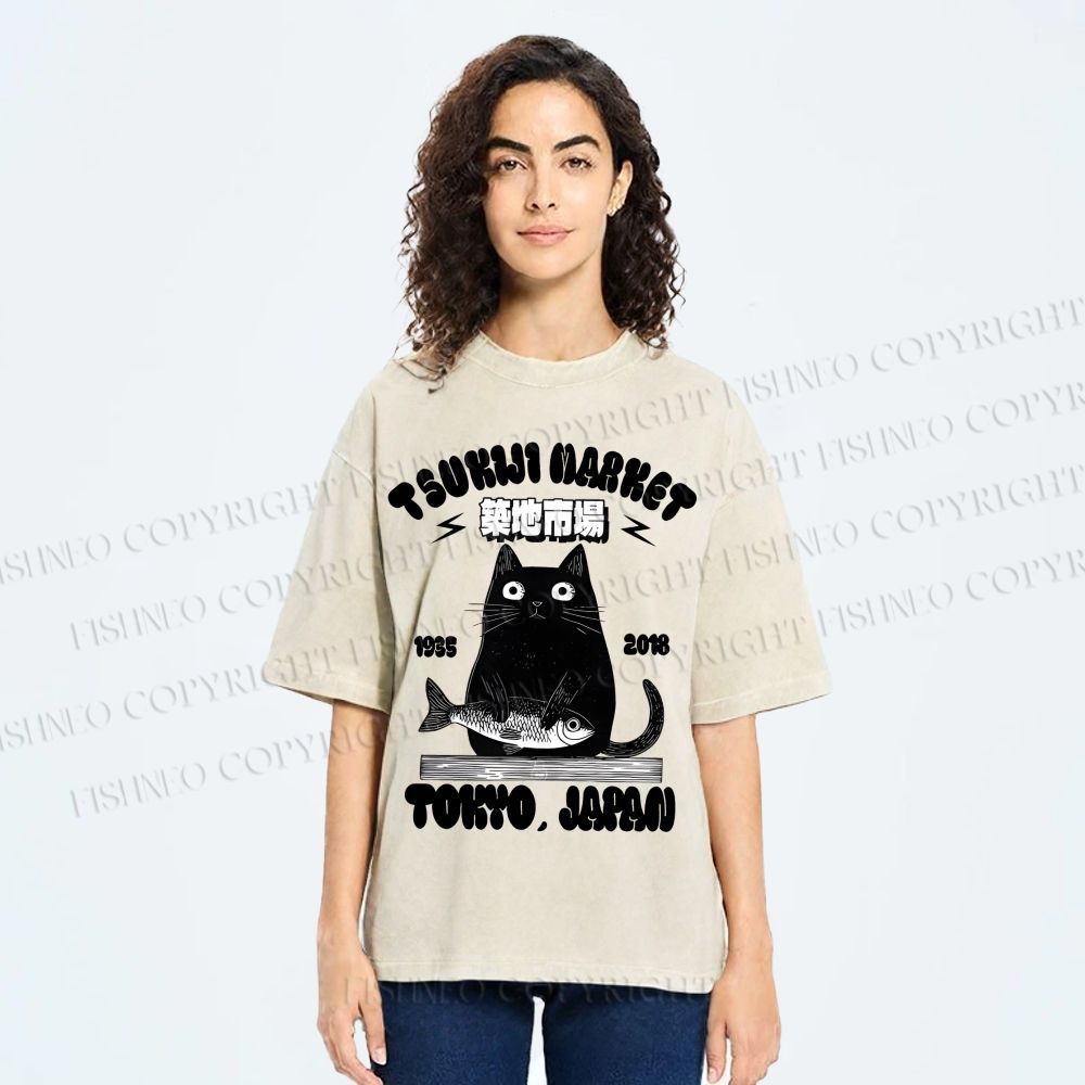 Unisex Tsukiji Market Cat Fish Printed Washed Tee