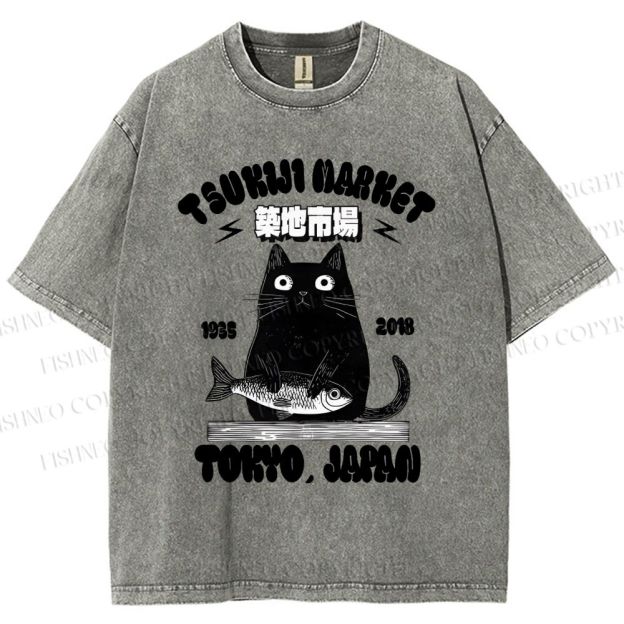 Unisex Tsukiji Market Cat Fish Printed Washed Tee