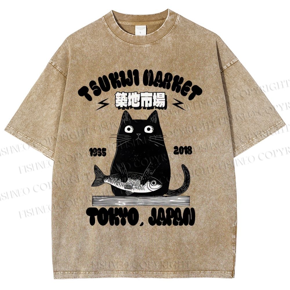 Unisex Tsukiji Market Cat Fish Printed Washed Tee