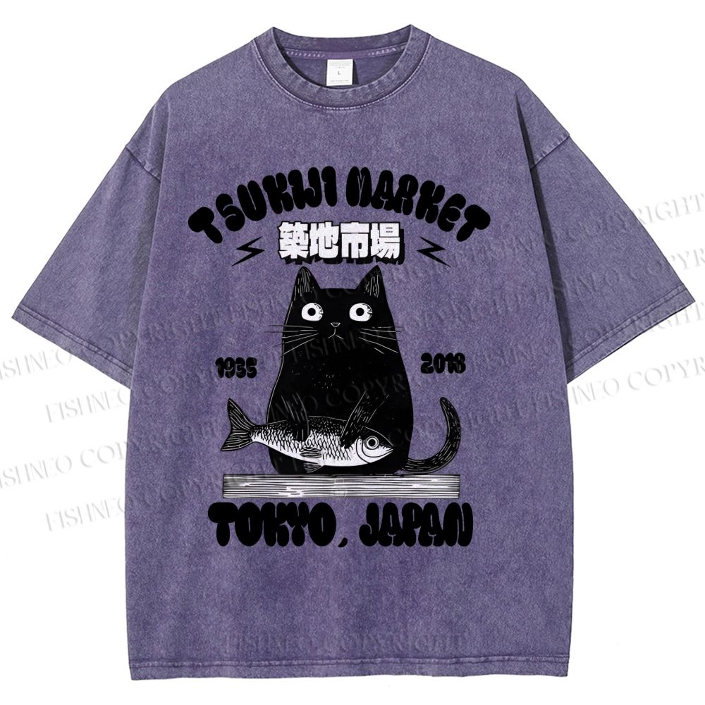 Unisex Tsukiji Market Cat Fish Printed Washed Tee