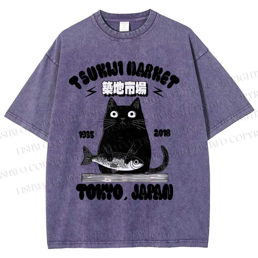 Unisex Tsukiji Market Cat Fish Printed Washed Tee