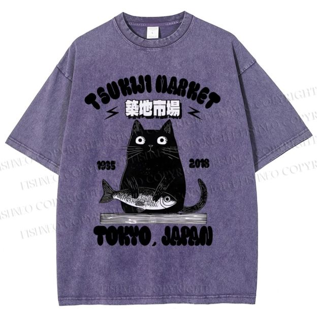 Unisex Tsukiji Market Cat Fish Printed Washed Tee