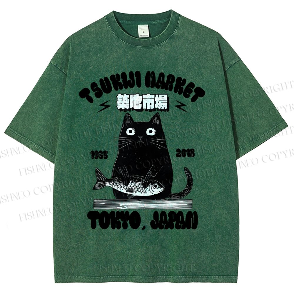 Unisex Tsukiji Market Cat Fish Printed Washed Tee