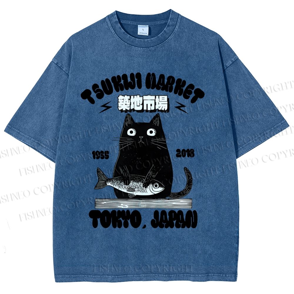 Unisex Tsukiji Market Cat Fish Printed Washed Tee