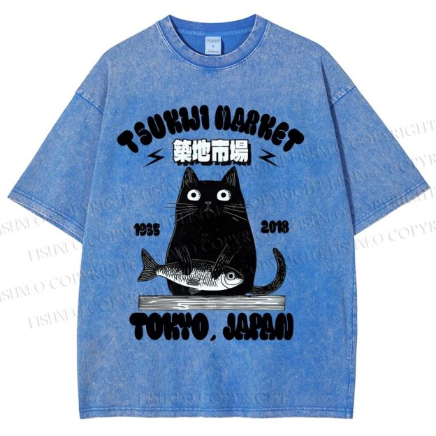 Unisex Tsukiji Market Cat Fish Printed Washed Tee