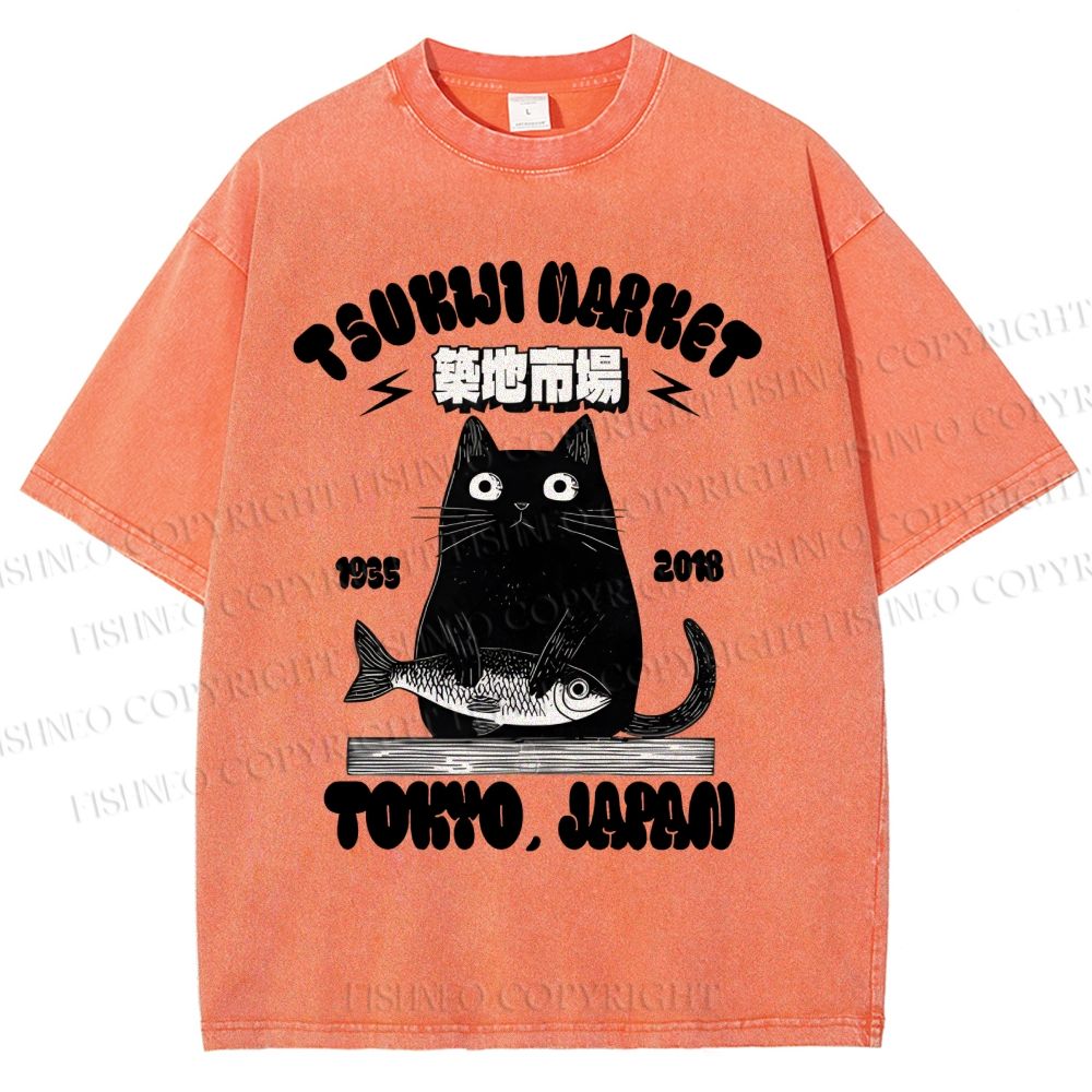 Unisex Tsukiji Market Cat Fish Printed Washed Tee