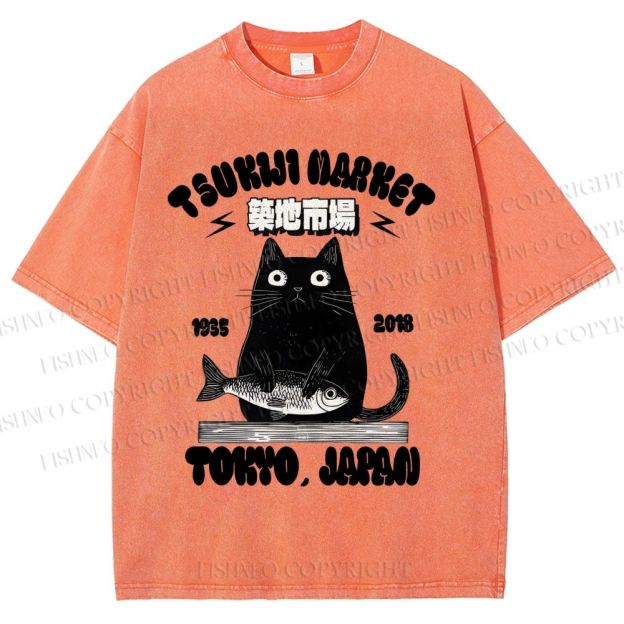 Unisex Tsukiji Market Cat Fish Printed Washed Tee
