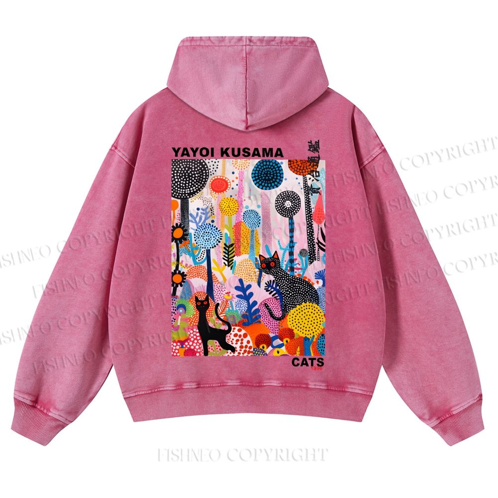 Casual Yayoi Kusama Flowers Cats Printed Washed Hoodie