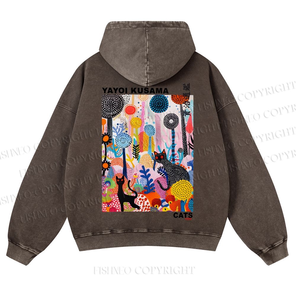 Casual Yayoi Kusama Flowers Cats Printed Washed Hoodie