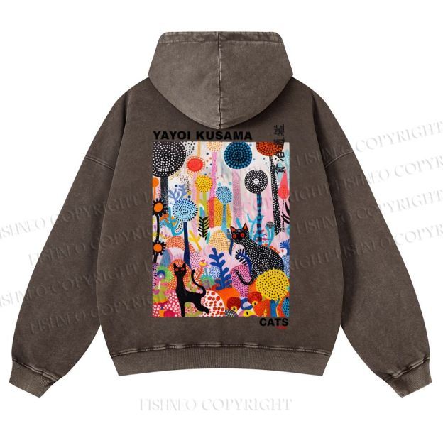 Casual Yayoi Kusama Flowers Cats Printed Washed Hoodie