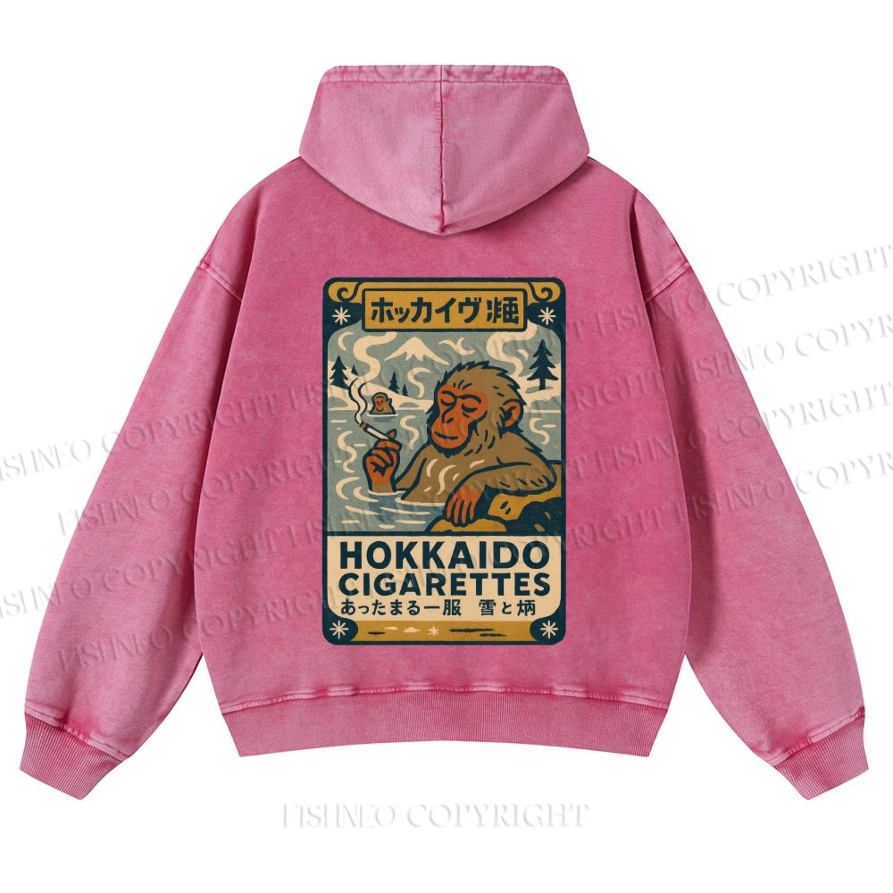 Casual Vintage Monkey Hokkaido Cigarettes Printed Washed Hoodie