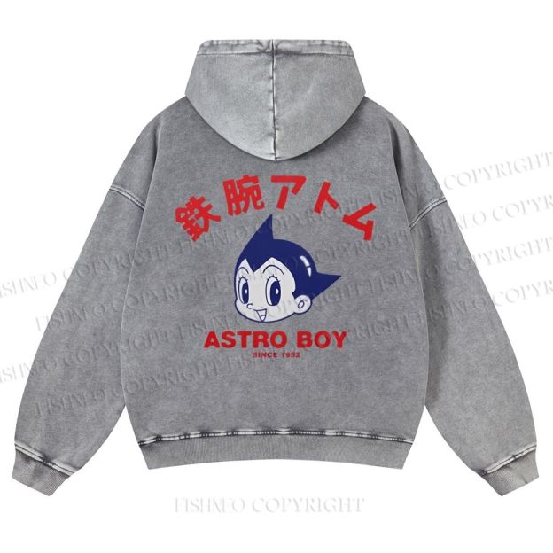 Casual Astro Boy Printed Washed Hoodie